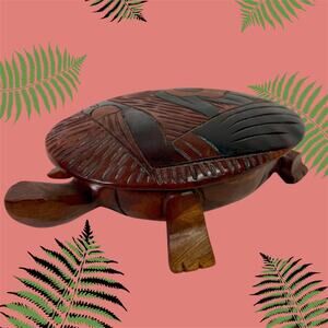 Wooden Turtle Tortoise Hand Carved Trinket Box Bowl Removeable Lid Floral